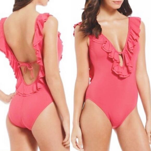 NWT Michael Kors Ruffled Low Cut One Piece Swimsuit Grapefruit Pink Size 10 NEW - Picture 1 of 16